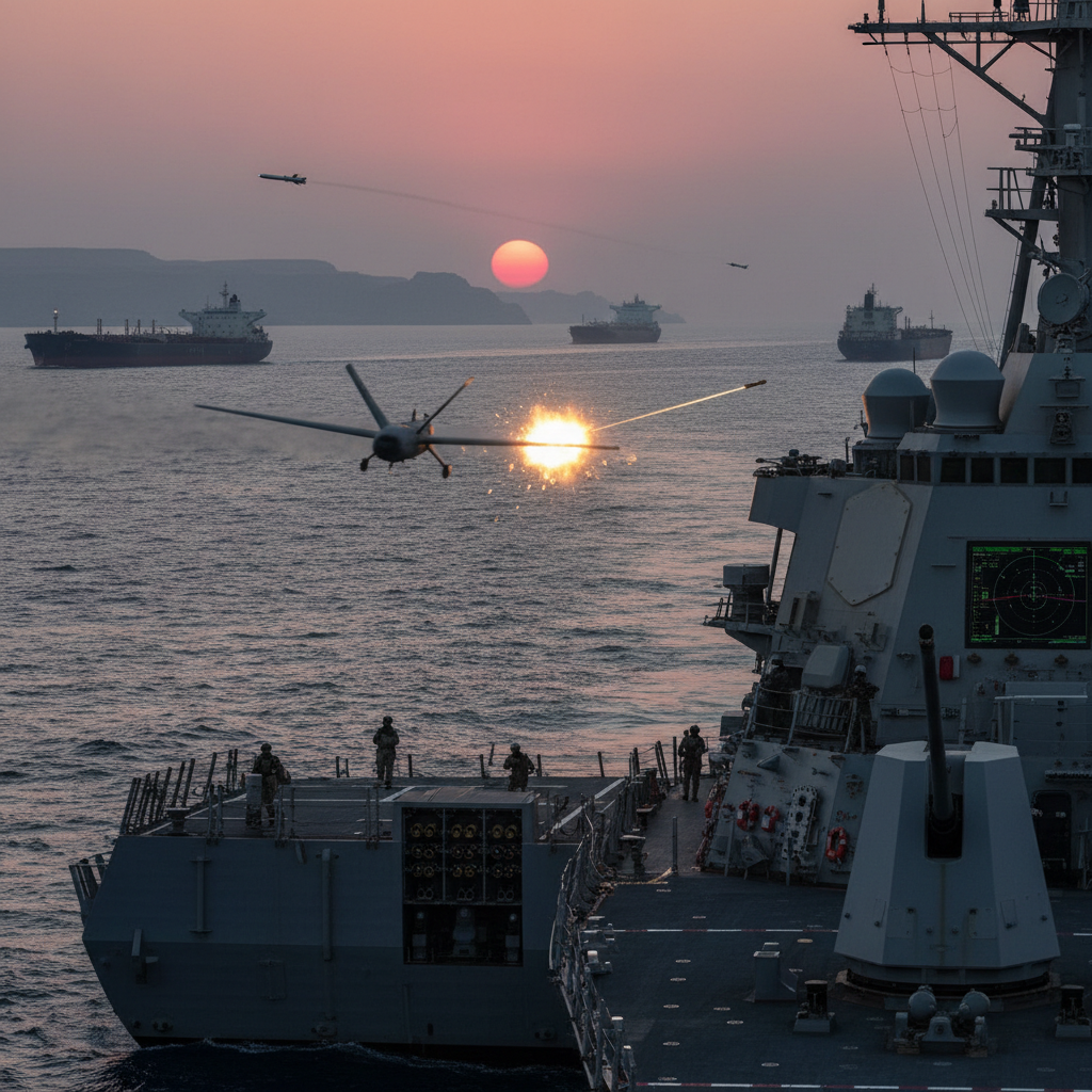 A US Navy destroyer fires a guided missile from its deck into the dark night sky over the Arabian Sea.