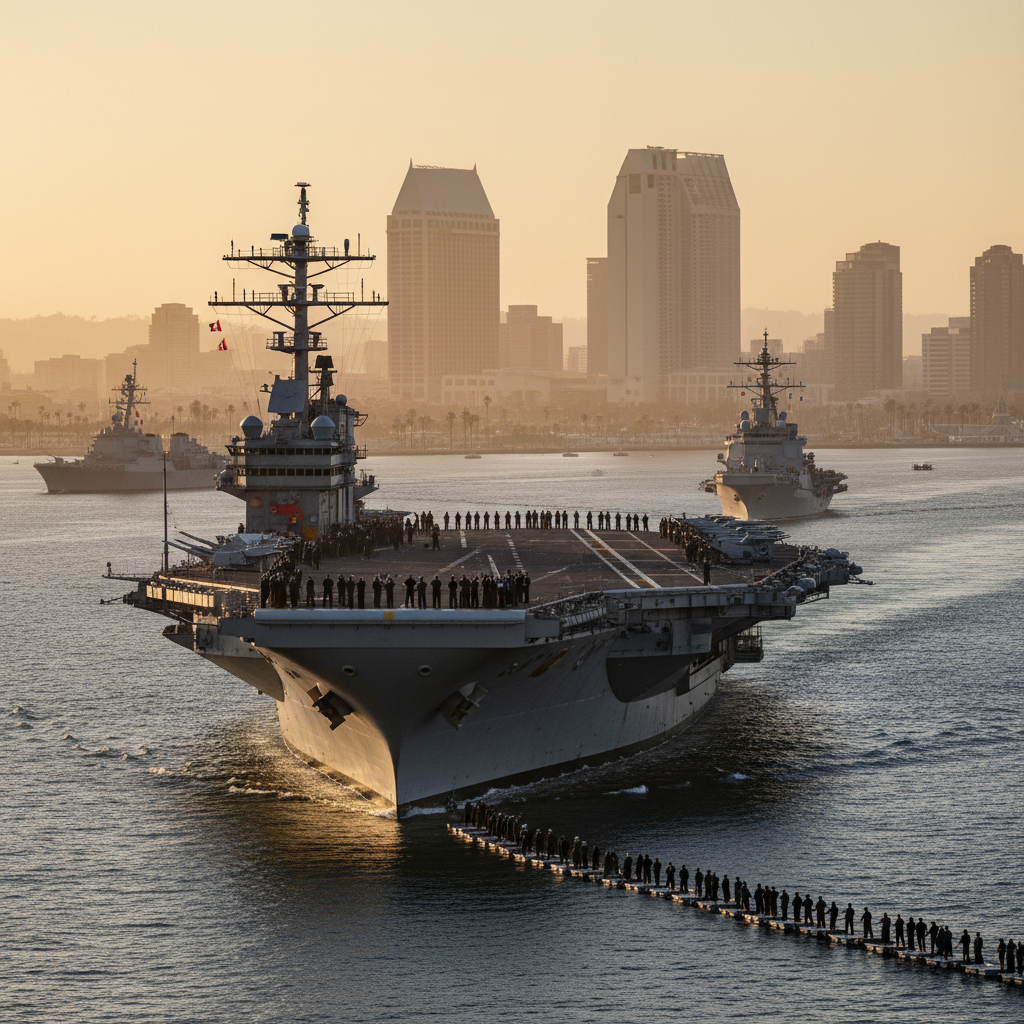 The massive USS Abraham Lincoln aircraft carrier sails toward the San Diego shoreline under a clear blue sky.