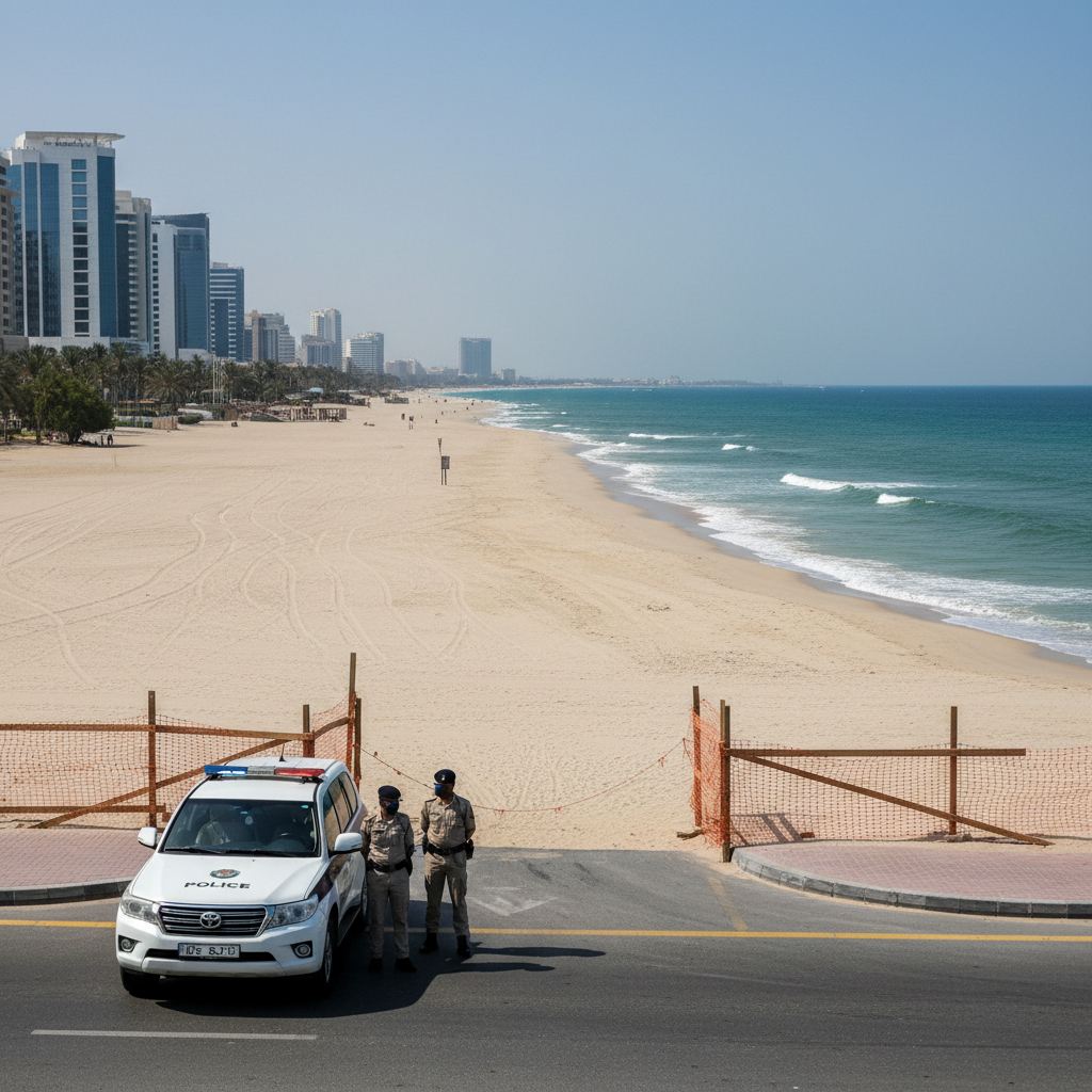 A marked police vehicle with flashing lights sits parked on a paved road overlooking a deserted public beach.