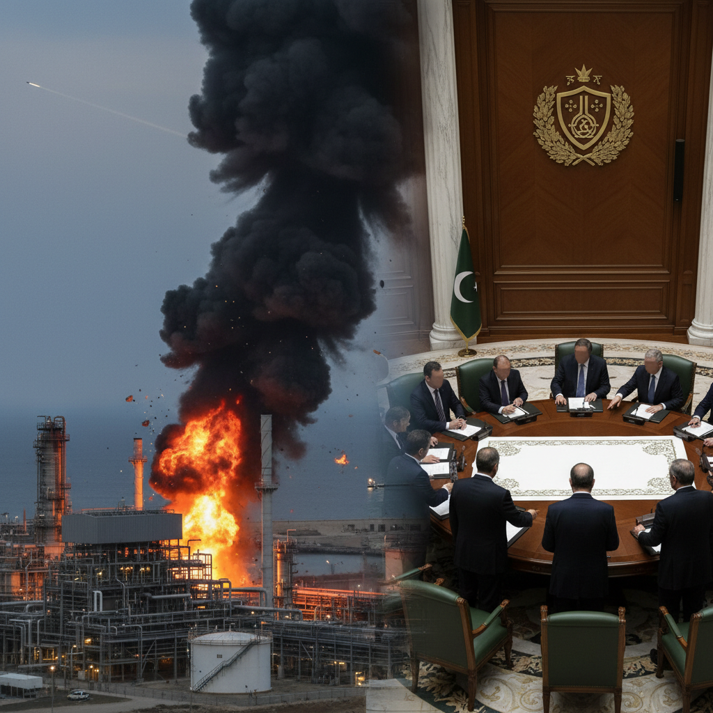 Thick black smoke billows into the sky from an industrial oil refinery following a long-range missile strike.