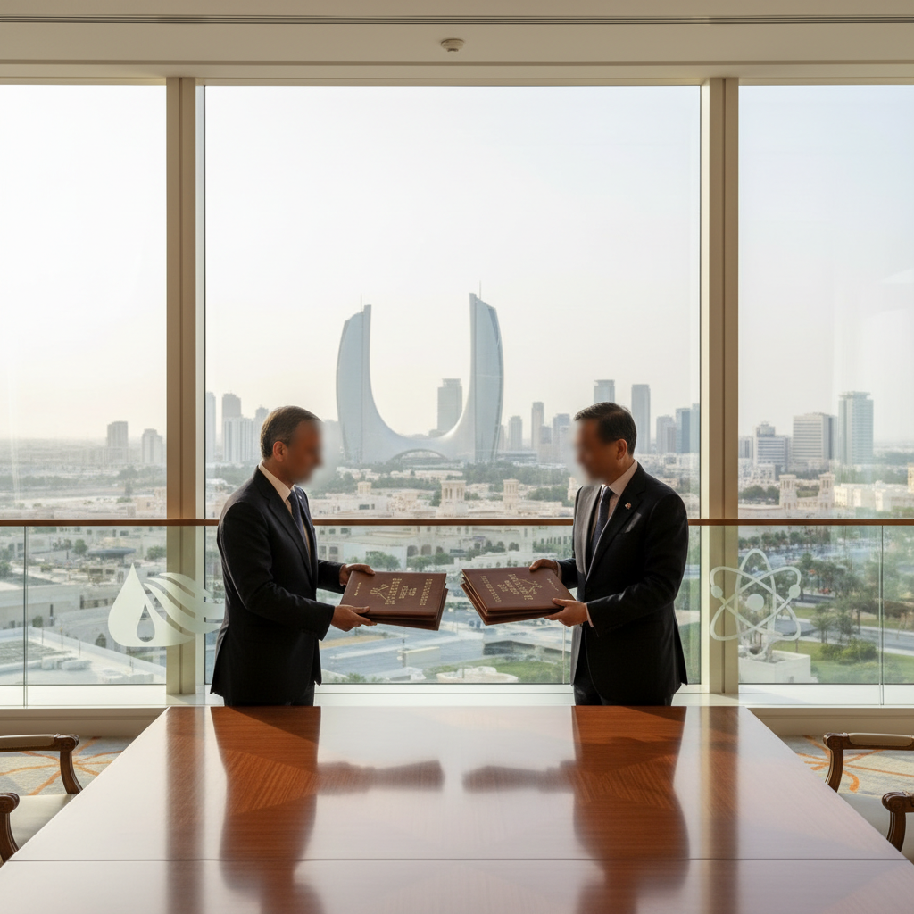 Sheikh Mohamed bin Zayed and Lawrence Wong shake hands while standing before UAE and Singaporean flags in Abu Dhabi.