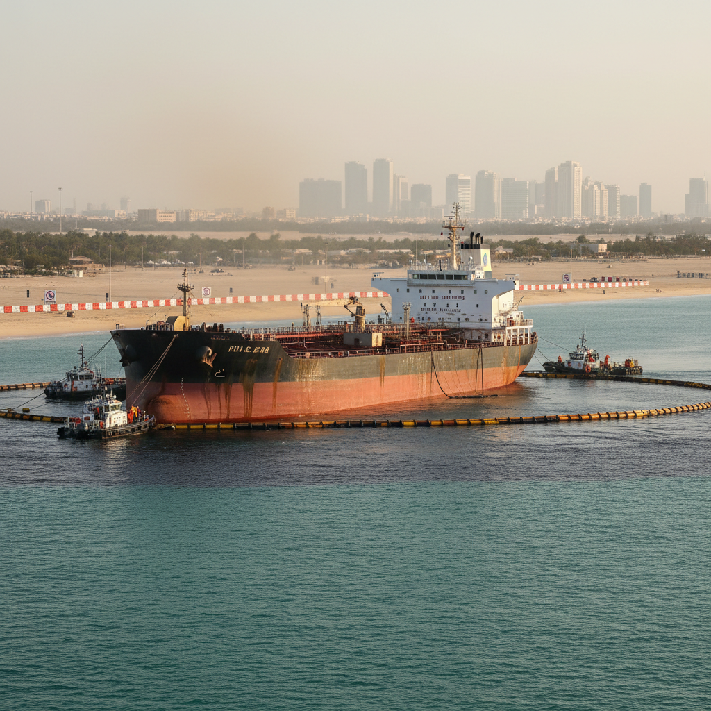 Emergency responders deploy yellow floating containment booms across calm blue waters near a sandy coastline.