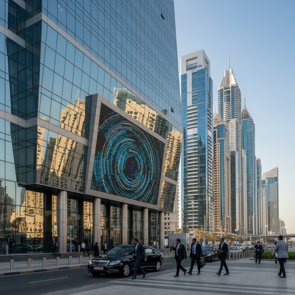 Modern skyscrapers and architectural landmarks of the Dubai skyline reflect across calm water under a clear blue sky.