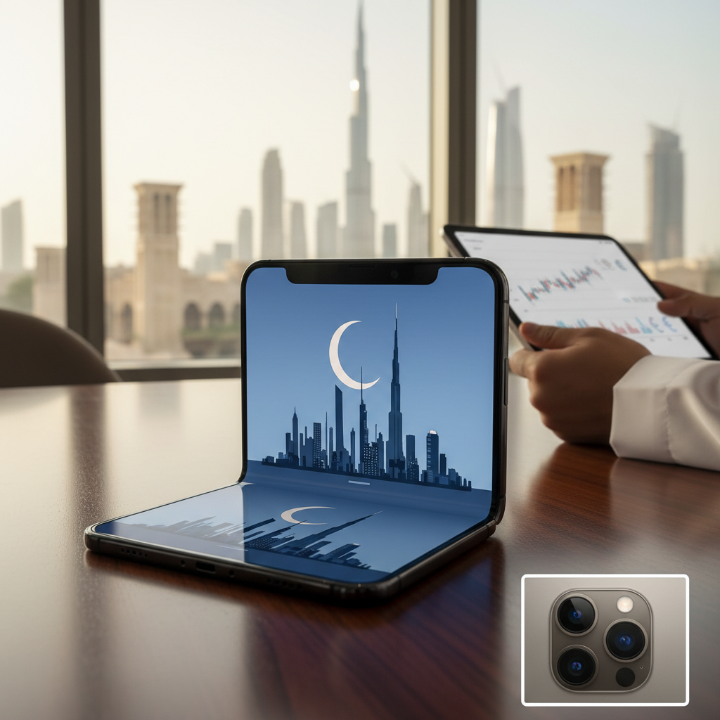 A sleek gold foldable smartphone rests partially open on a white surface to showcase its dual-screen hinge.