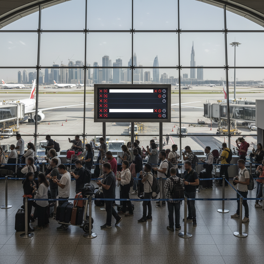 A busy airport terminal displays crowds of travelers waiting near flight departure boards showing delayed status updates.