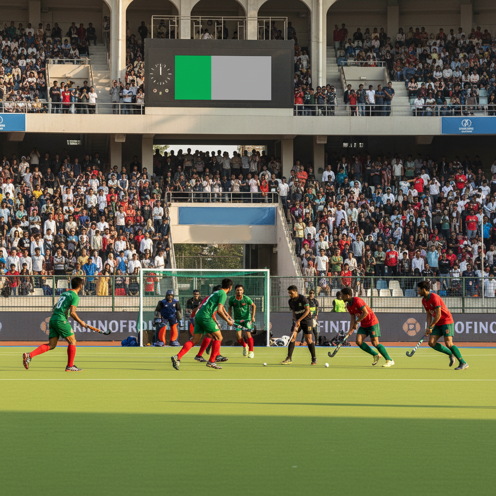 A hockey player in a red and green Bangladesh jersey dribbles a ball across a blue turf field during a match.