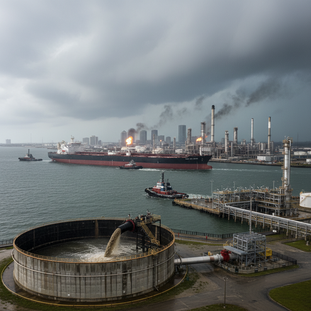A silhouette of a tanker ship passes an offshore oil rig against a dark, stormy sky at sunset.