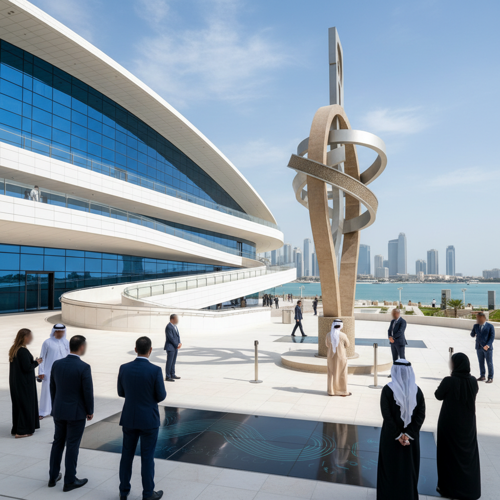 A sleek architectural structure on Yas Island reflects a modern urban landscape under a bright, clear blue sky.