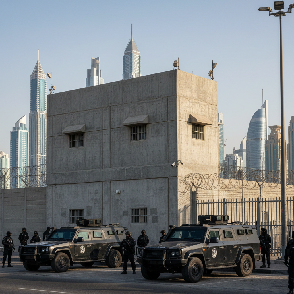 A silhouette of a security officer stands guard against a blurred government building during a sunset.