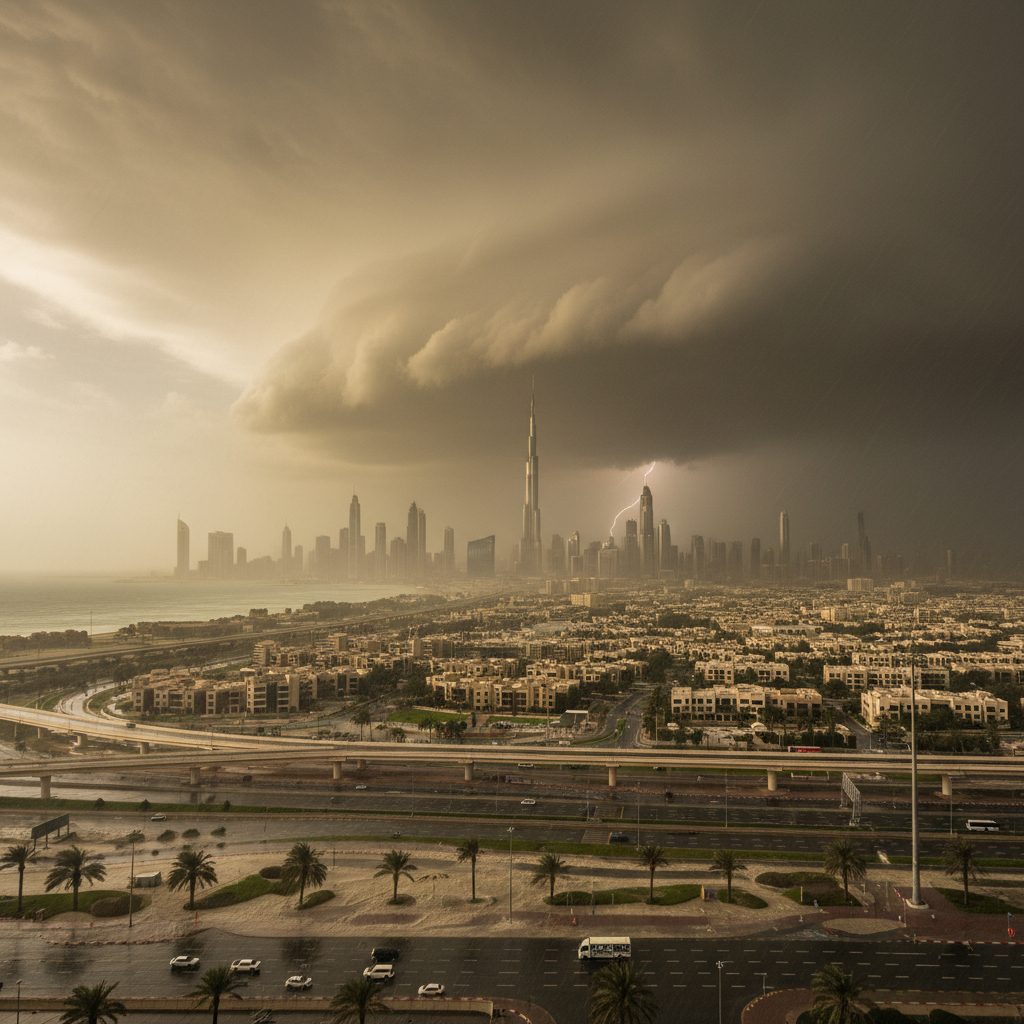 Dark clouds hover over a modern desert city skyline as heavy rain falls against a backdrop of hazy, humid skies.