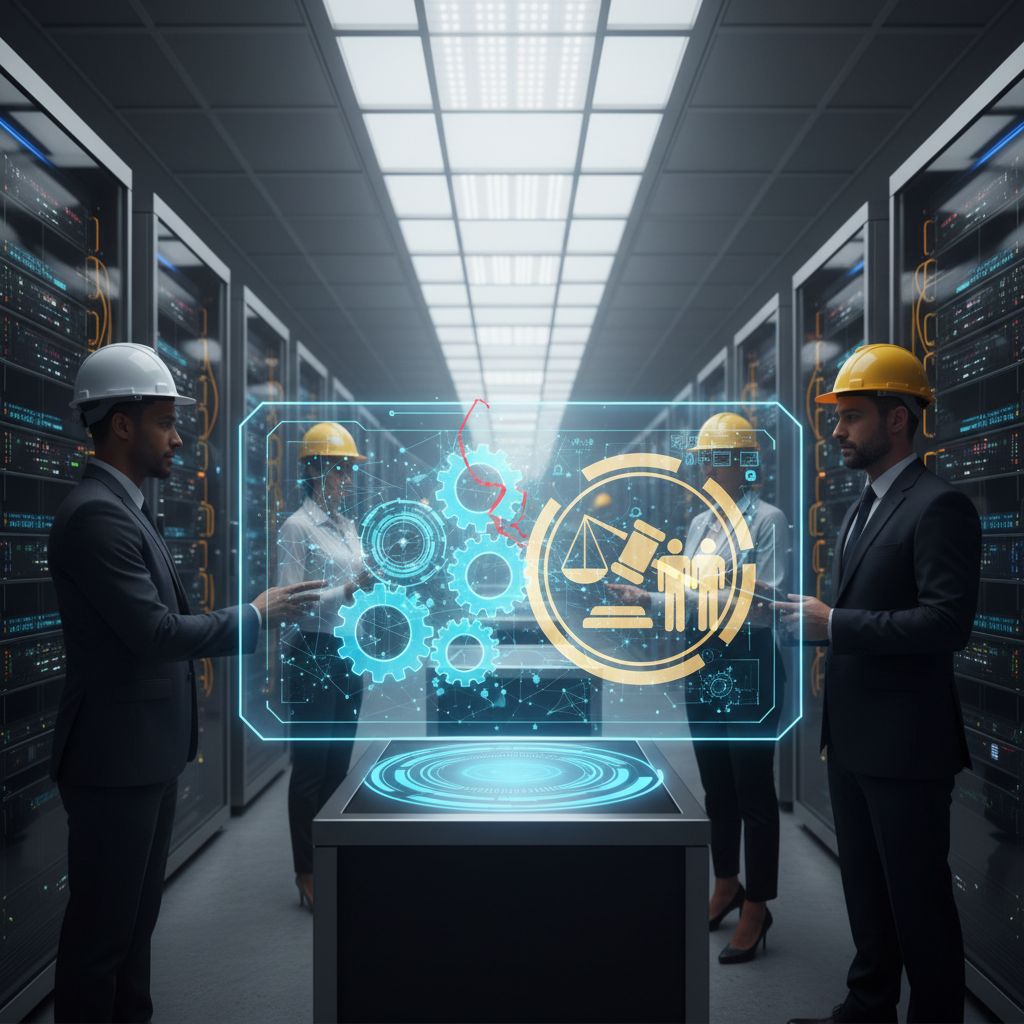 A worker stares at a digital screen displaying complex data streams and glowing blue artificial intelligence nodes.