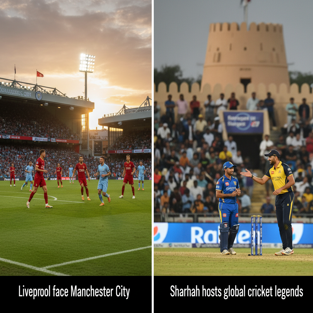 A split screen shows football players competing at Anfield and a batsman hitting a ball during a cricket match.