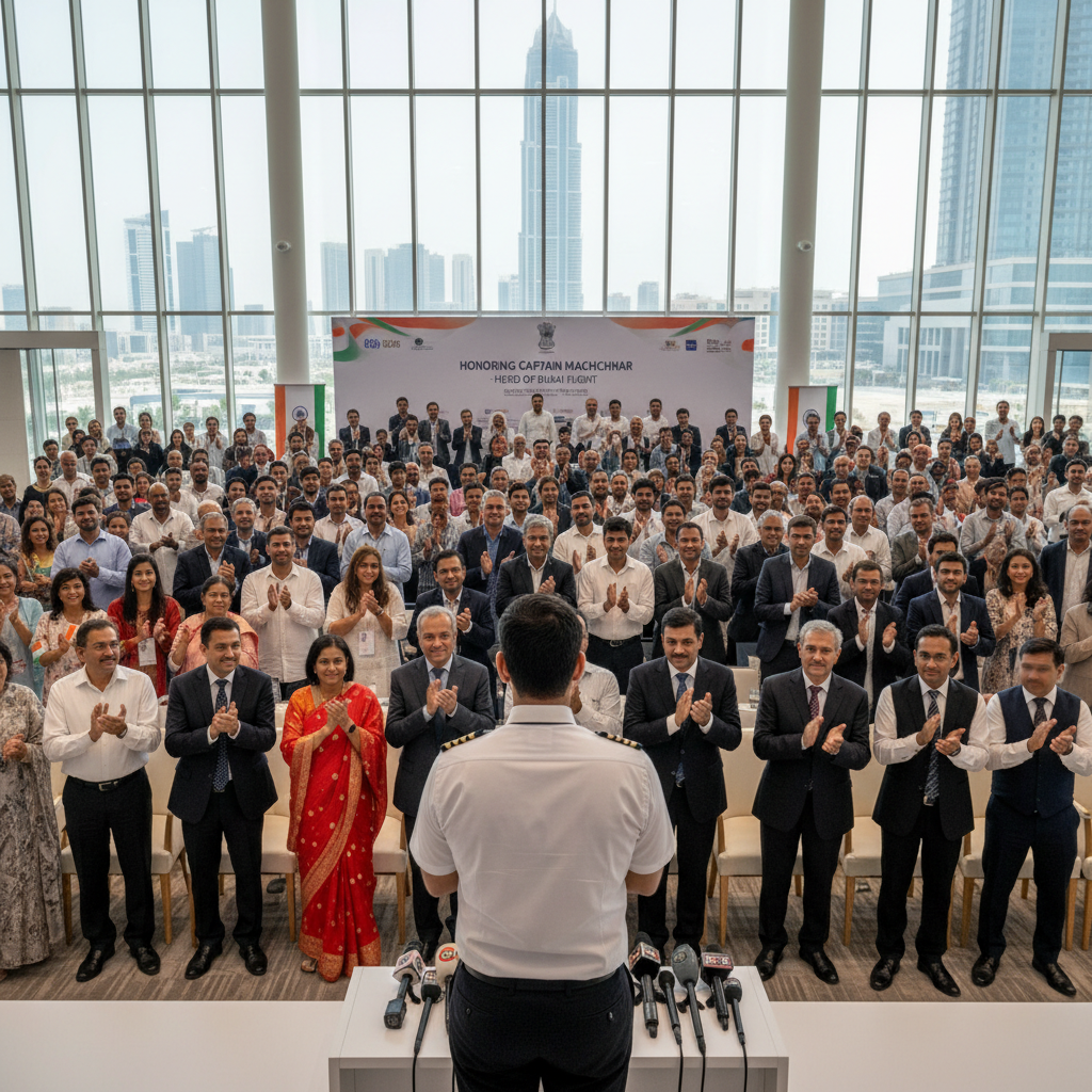 Captain Smit Machchhar smiles while receiving a standing ovation from a large crowd of Indian expats in Dubai.