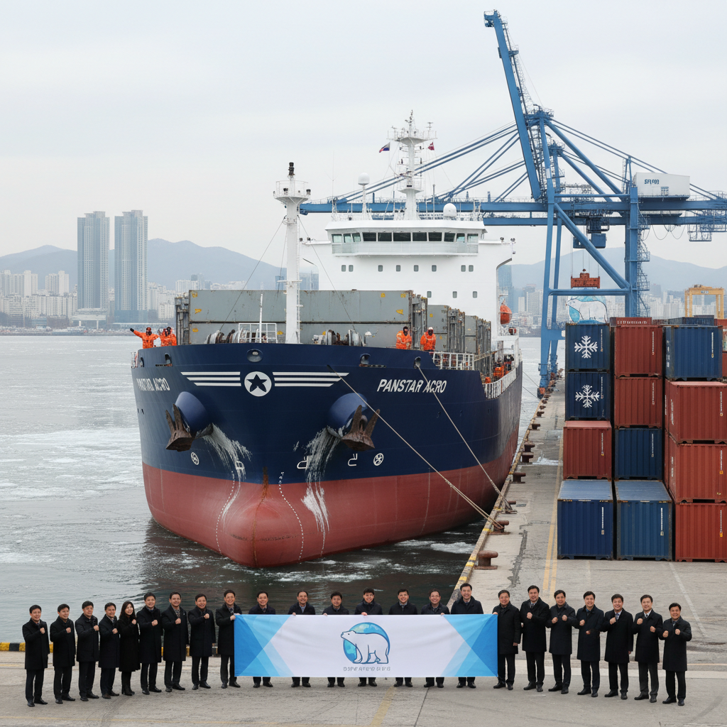 A large container ship navigates through calm blue waters near the bustling industrial cranes of Busan Port.