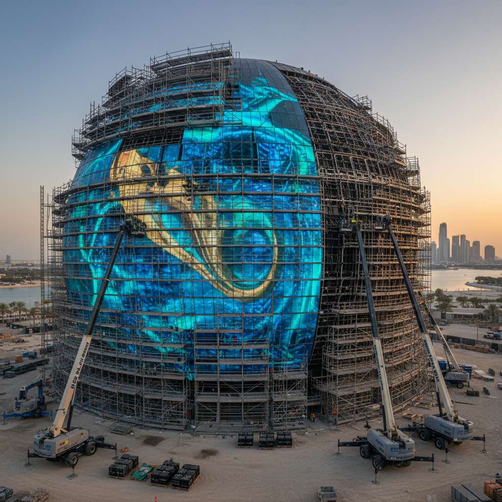 A tall circular building on Yas Island displays a vibrant, programmable LED facade against the evening skyline.