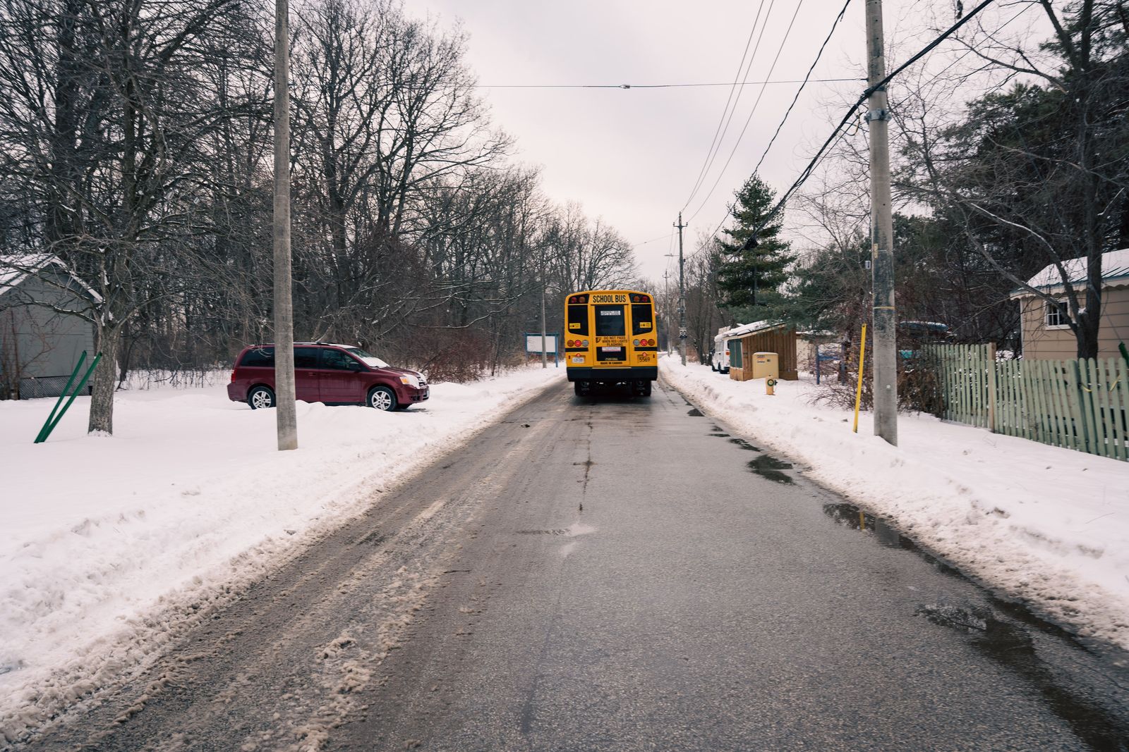 A row of yellow school buses parks outside a modern building under a bright, clear sky during the morning hours.