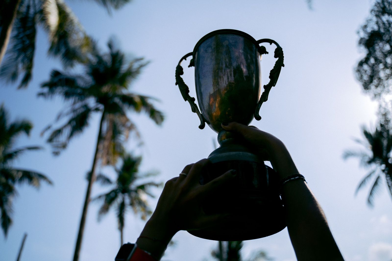 Suryakumar Yadav smiles while holding a silver cricket trophy during a victory celebration on a stadium field.