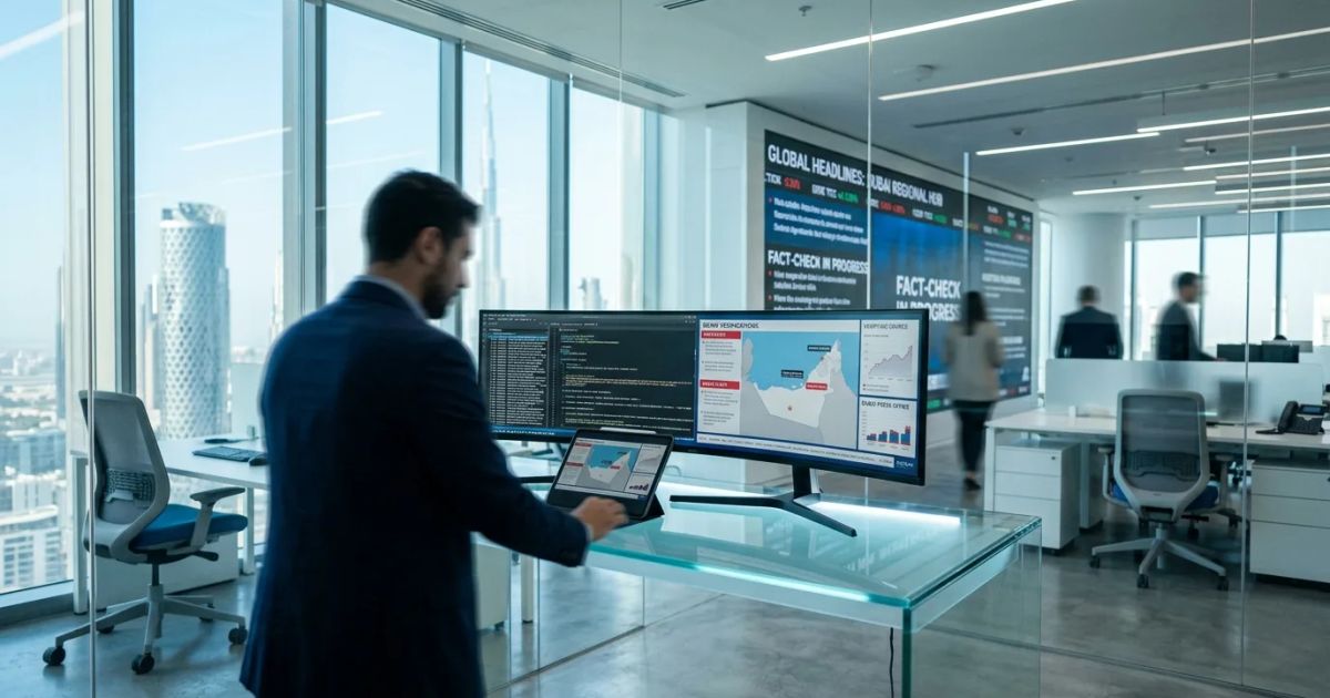 A bright, modern corporate media office with clean glass desks and professional editing screens.