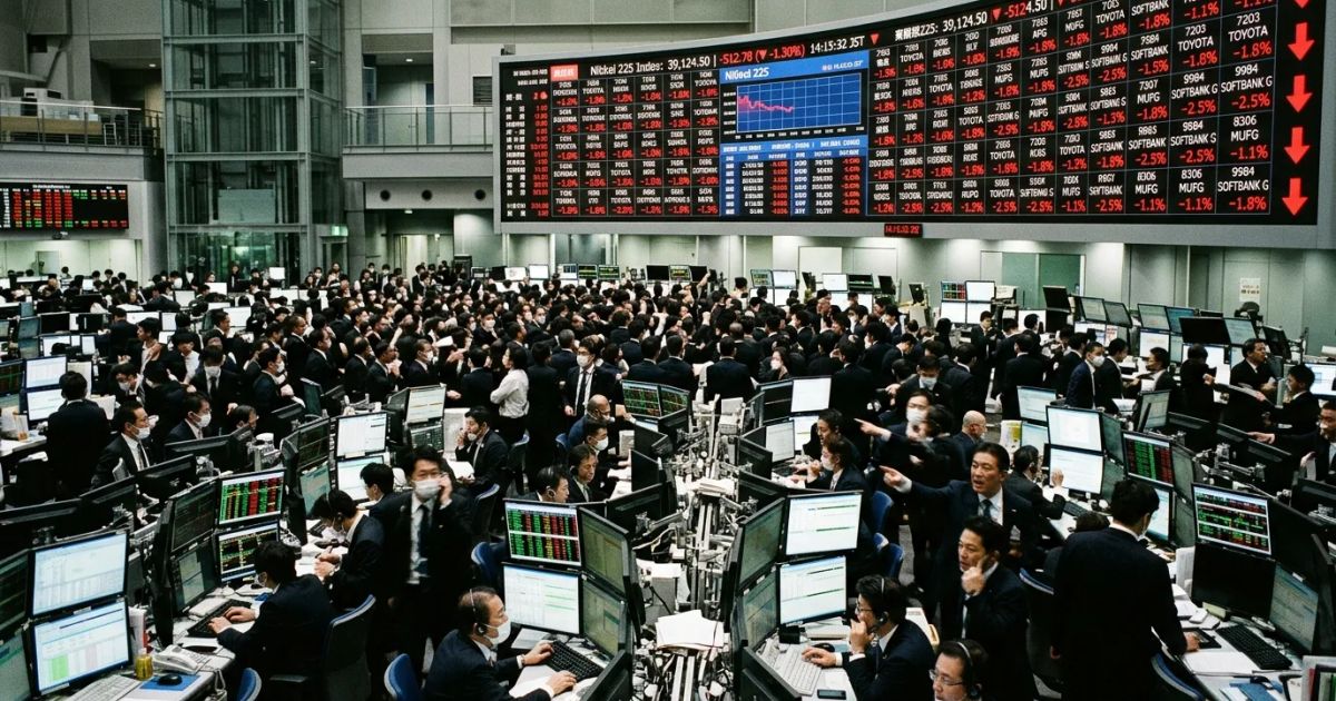 Stockbrokers looking at large electronic trading boards showing a rapid market sell-off in Asia.