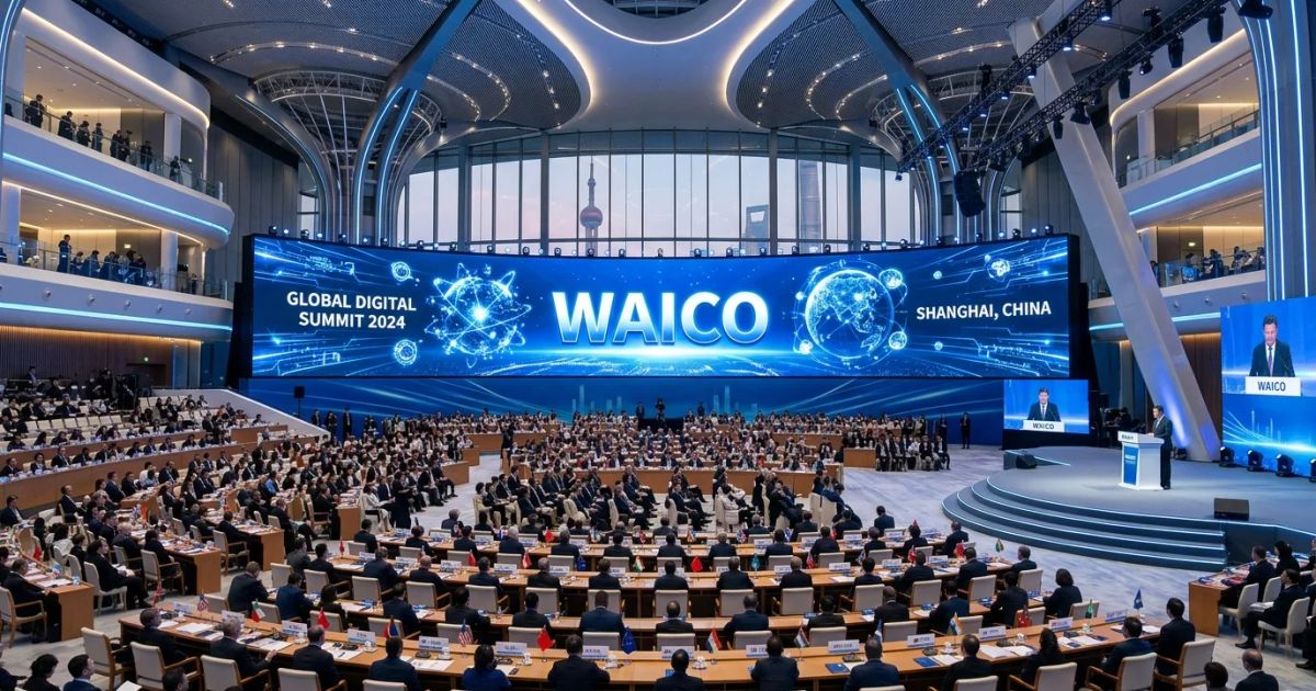 A massive, modern tech conference hall in Shanghai featuring giant digital network displays and international delegates.