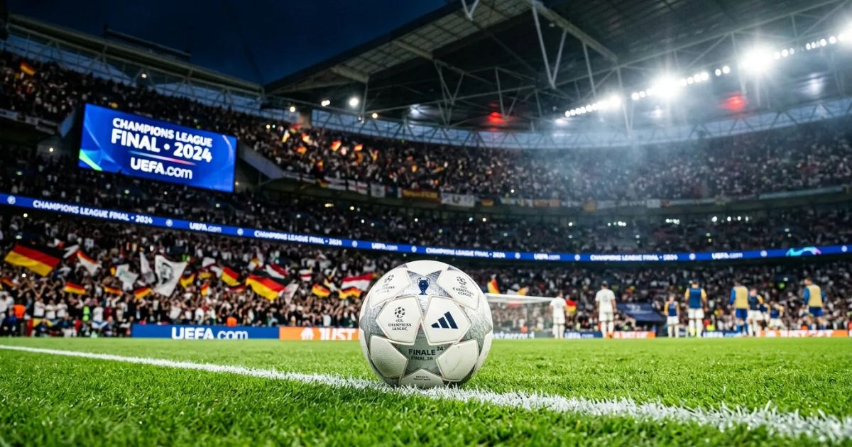 A professional football resting on a lush green stadium pitch under bright floodlights before a historic final match.