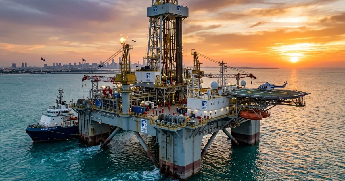 A vast offshore industrial platform stands above blue ocean waters under a clear sky in the Umm Shaif field.