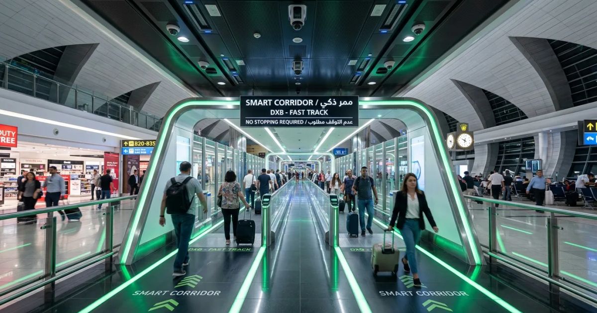Travelers walk through a futuristic biometric tunnel equipped with blue lights and AI sensors for rapid clearance.