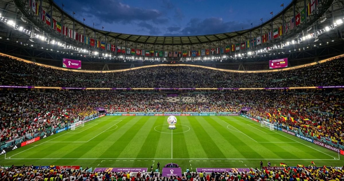 The FIFA World Cup trophy glows under bright stadium lights atop a pedestal during an official tournament ceremony.