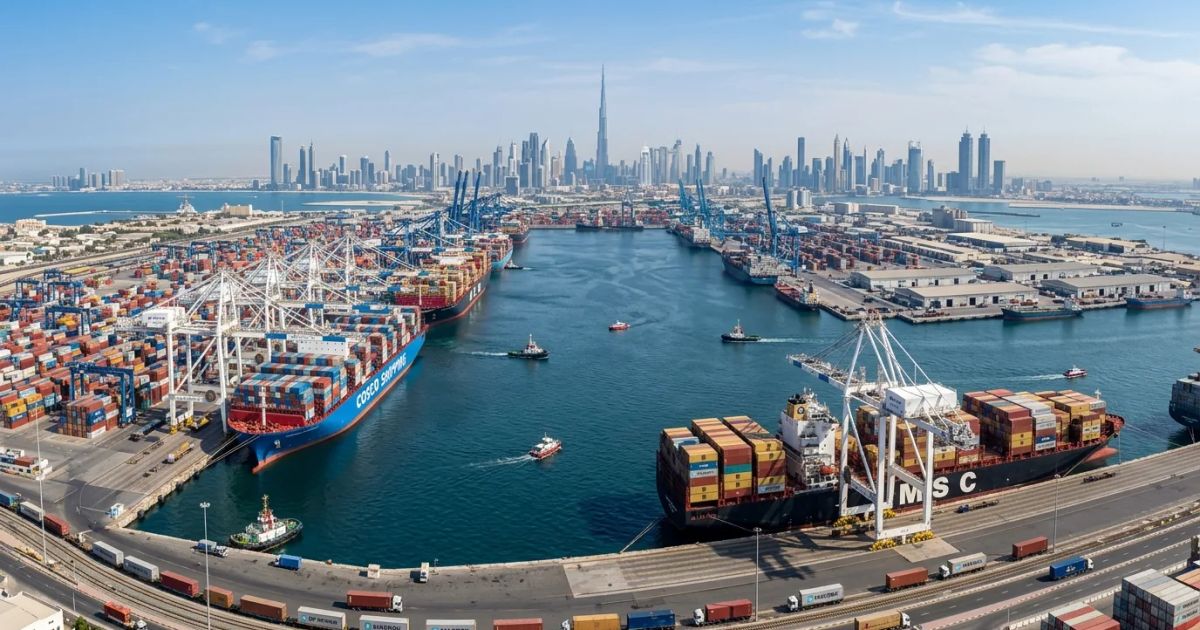 A cargo ship loaded with multicolored shipping containers navigates calm blue waters near a modern city skyline.