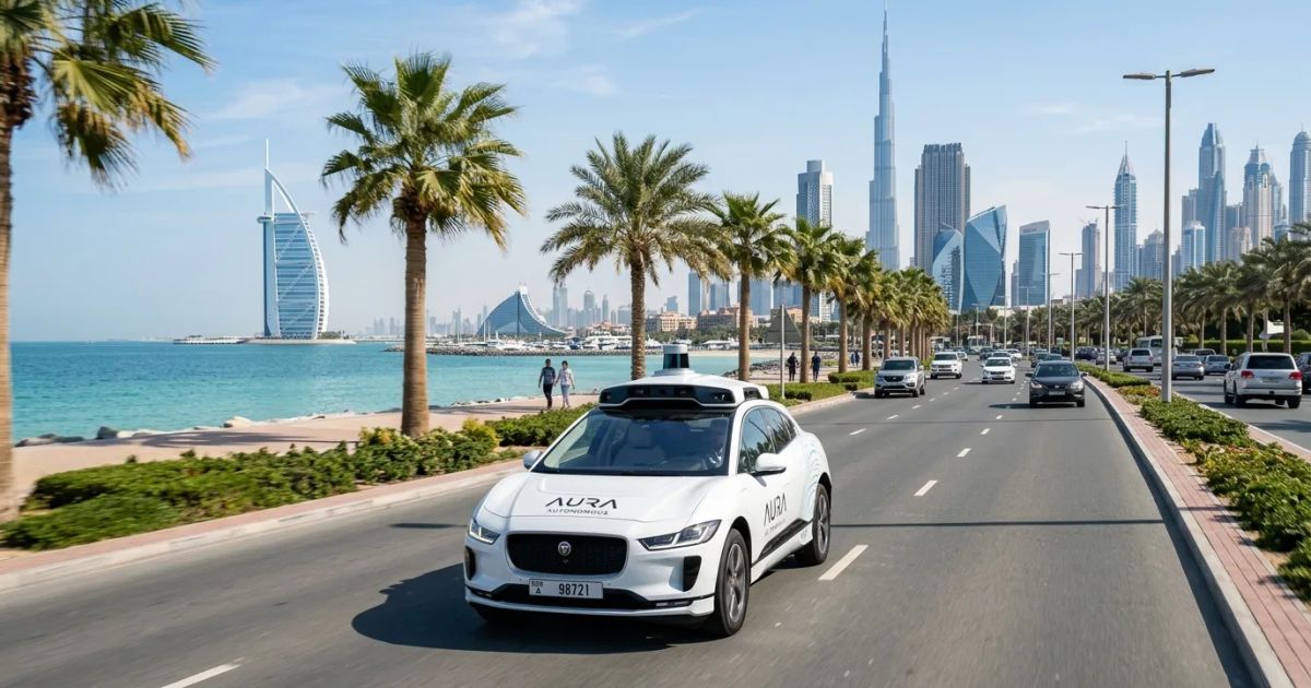 A sleek white autonomous taxi navigates a sunny Dubai street near coastal buildings under a clear blue sky.
