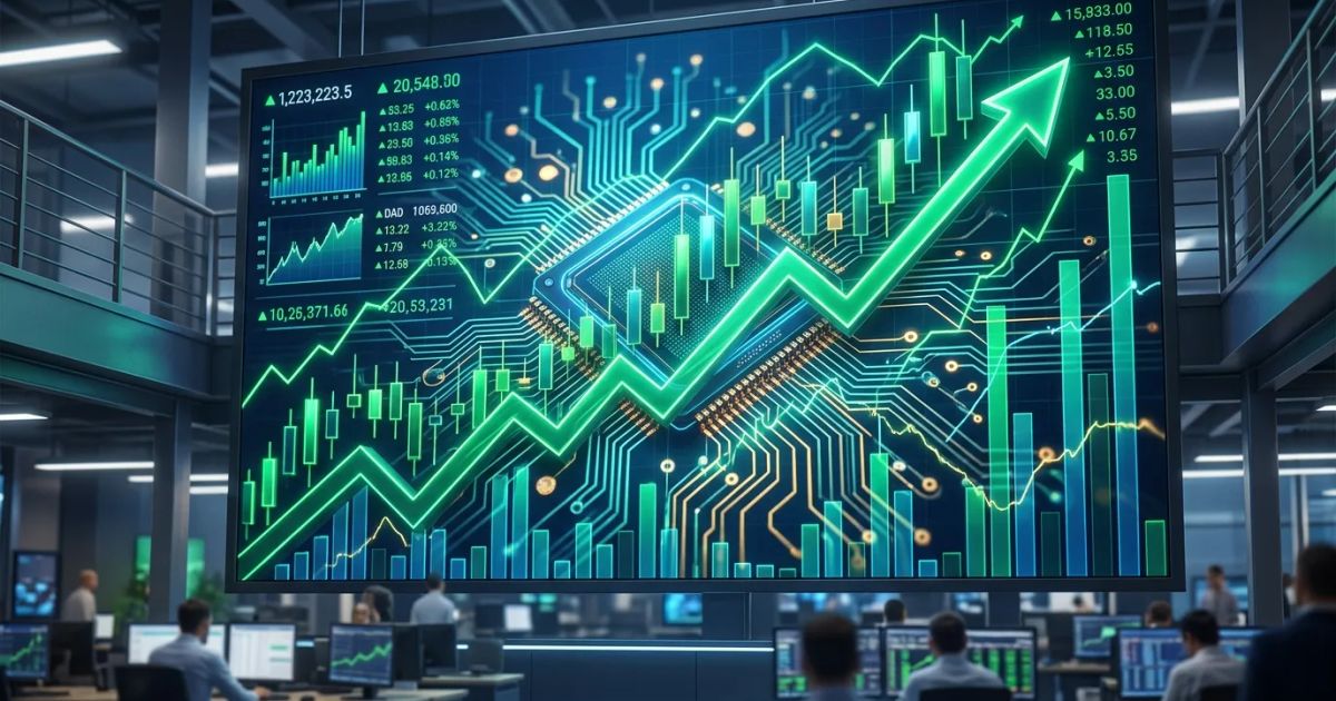 Stock market charts showing rising green lines and digital circuitry patterns symbolize a global semiconductor rally.