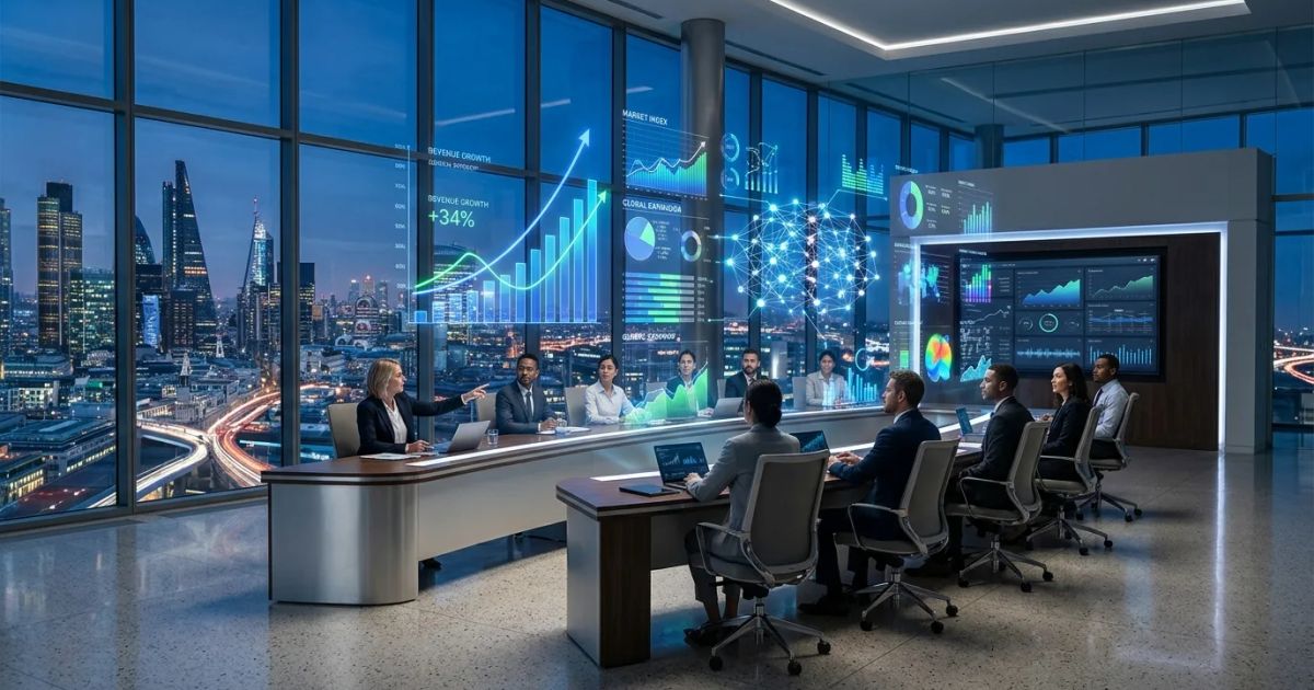 A glowing digital network connects data points and servers representing global corporate AI infrastructure.