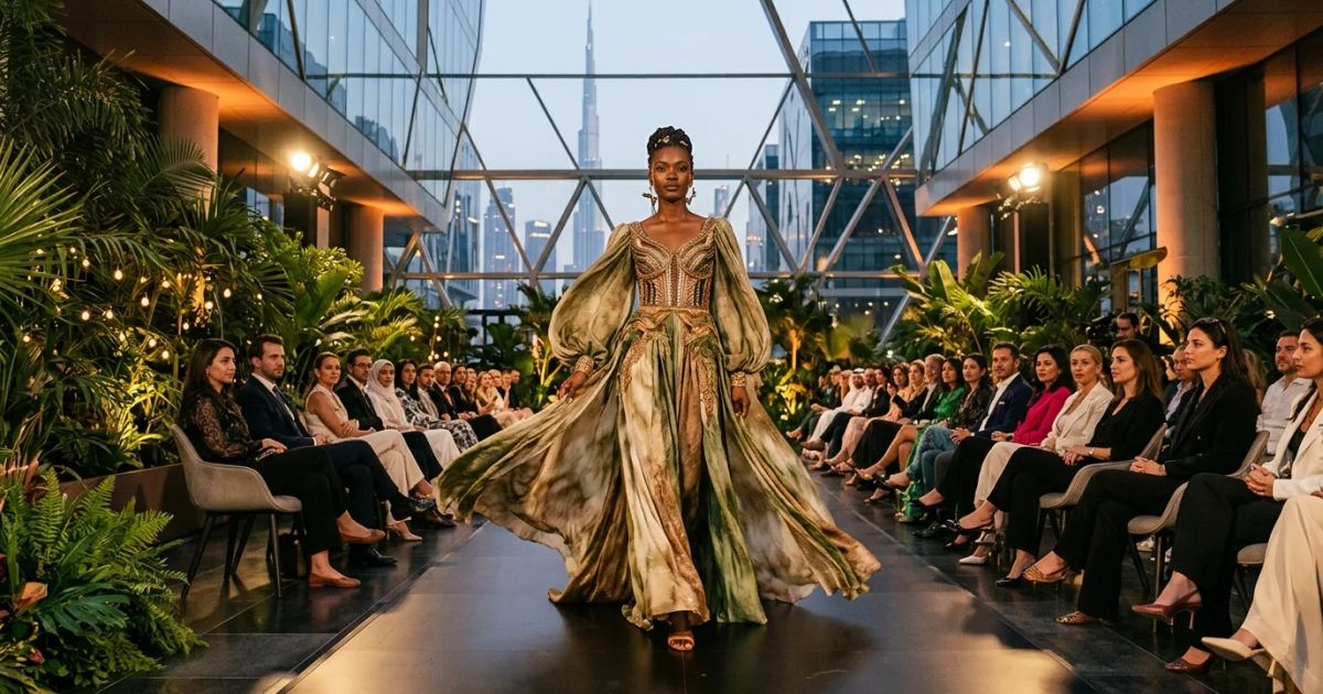 Models wear intricate sustainable garments while walking a runway at a high-end fashion event in the UAE.