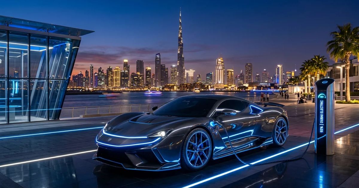 Electric cars drive along a modern highway in Dubai with a backdrop of shimmering skyscrapers and charging stations.
