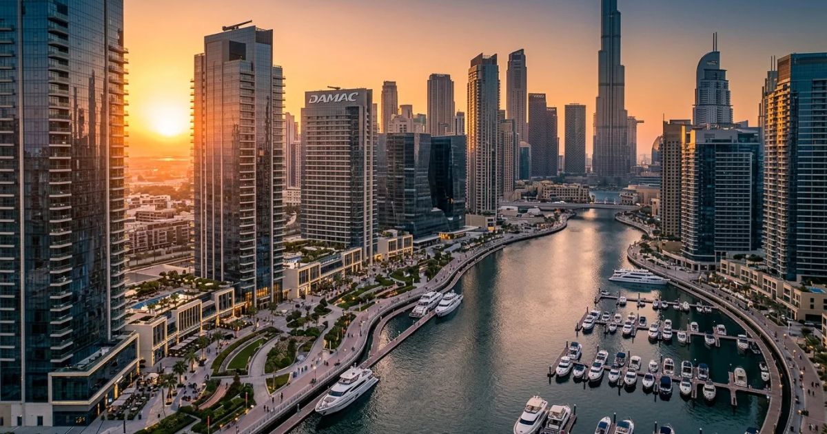 A wide aerial shot showcases the dense Burj Khalifa district skyline and shimmering skyscrapers under a bright sun.