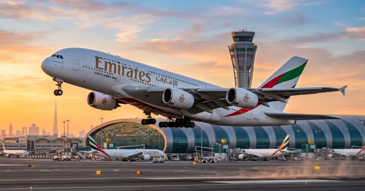 A busy airfield at Dubai International Airport features several Emirates aircraft parked at gates and taxiing.