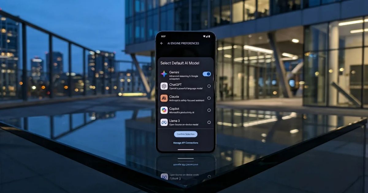 A glowing smartphone displays various AI company logos being integrated into the Android operating system interface.