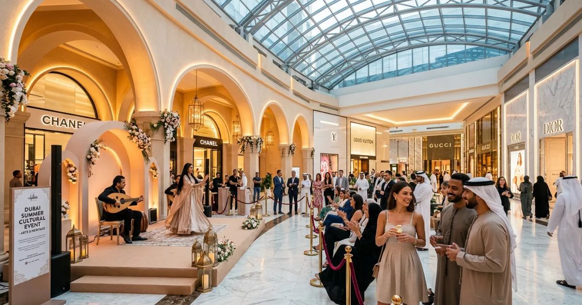 Shoppers walk through a bright, luxurious Dubai mall decorated with colorful summer festival banners and installations.