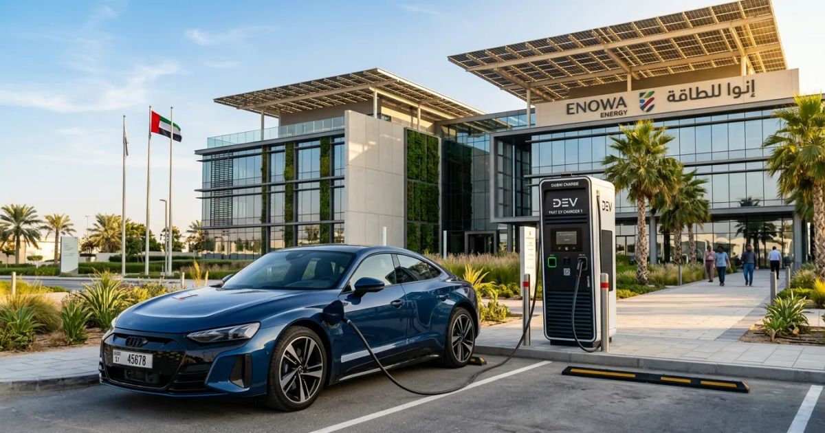 A sleek white electric vehicle charges at a modern station beside the AW Rostamani logo under bright daylight.