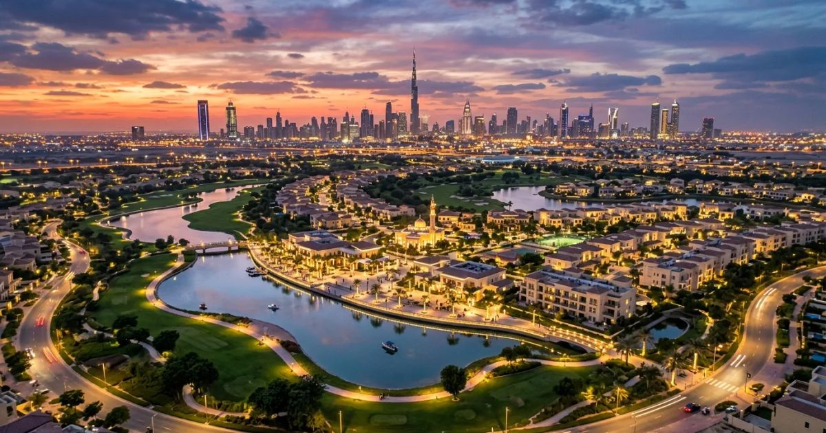Modern skyscrapers and a waterfront promenade reflect in the water under a clear blue sky in Dubai.