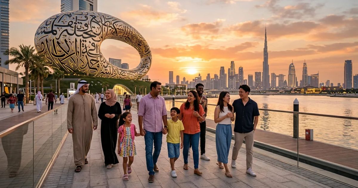 Friends stroll together along a Dubai pier with the Burj Al Arab hotel and a turquoise ocean in the background.