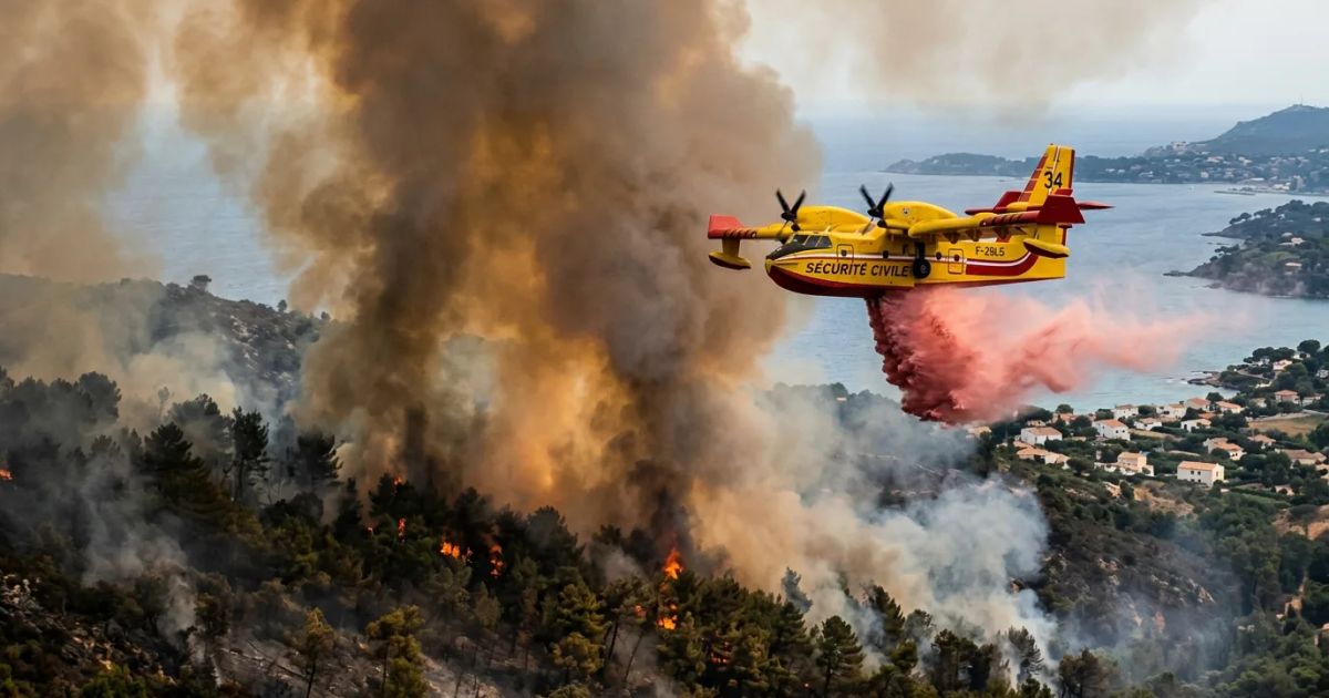 Thick orange flames and grey smoke billow through a dense pine forest as emergency vehicles line a nearby road.