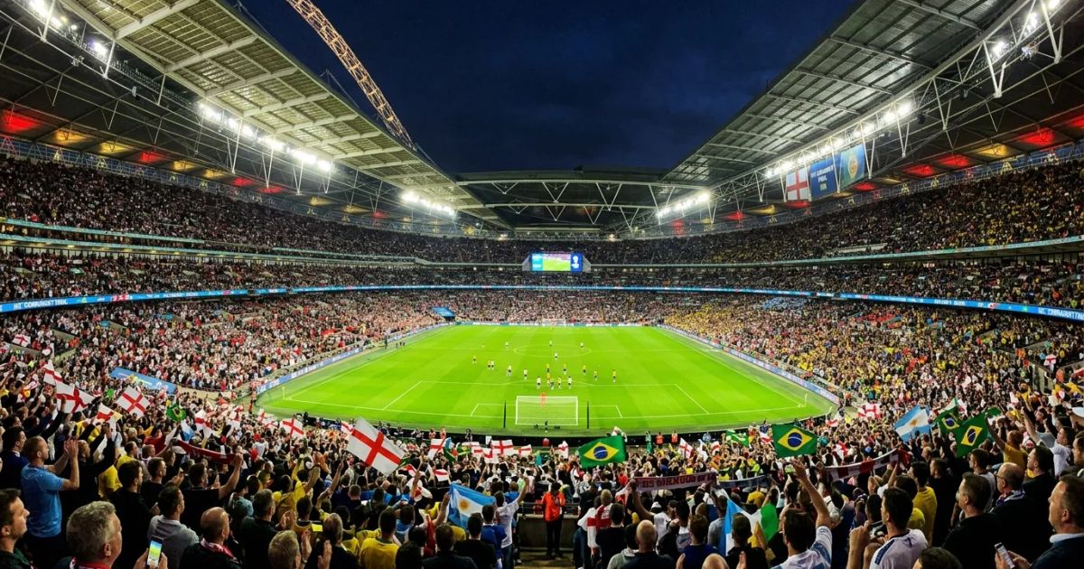 A packed soccer stadium glows under bright floodlights as fans cheer during a high-stakes international match.