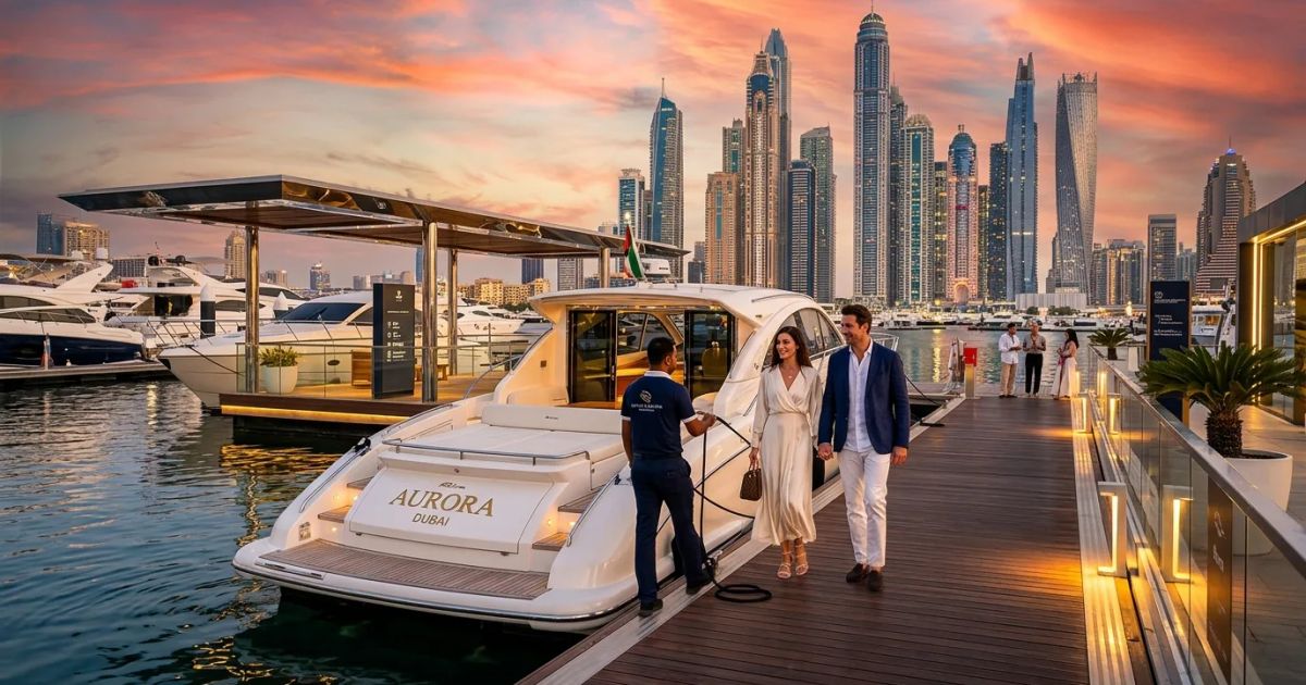 A white ferry cruises past Dubai's modern coastal skyline under a clear blue sky during the day.
