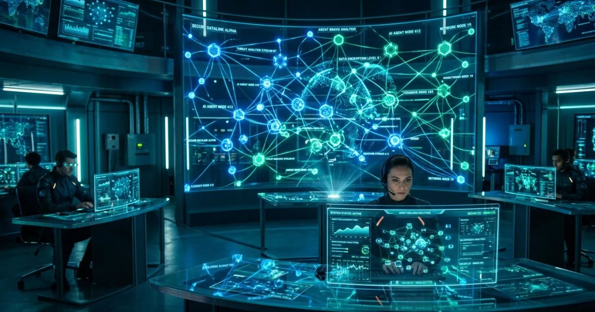 A glowing blue digital shield overlaying a network of interconnected nodes and glowing binary code.