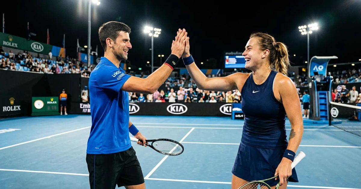 Novak Djokovic and Aryna Sabalenka smile while standing together on a blue tennis court during the US Open.