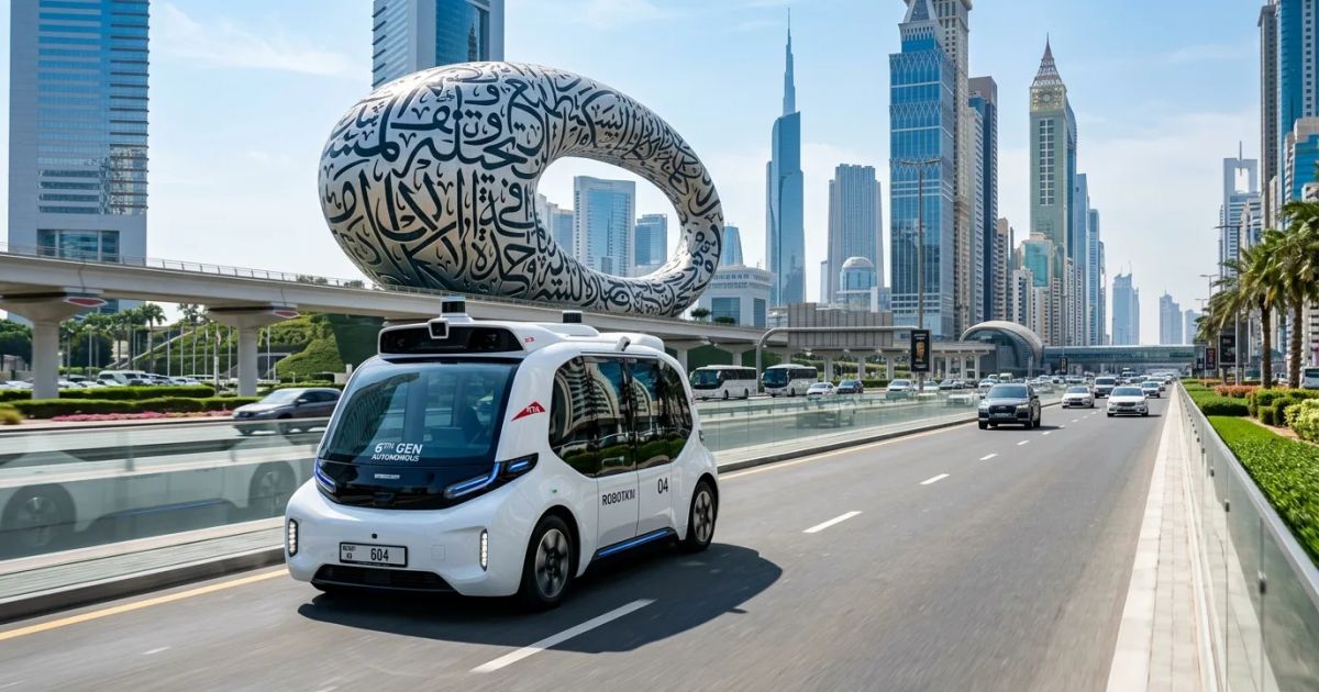 A sleek autonomous shuttle navigates a modern Dubai highway flanked by towering glass skyscrapers.