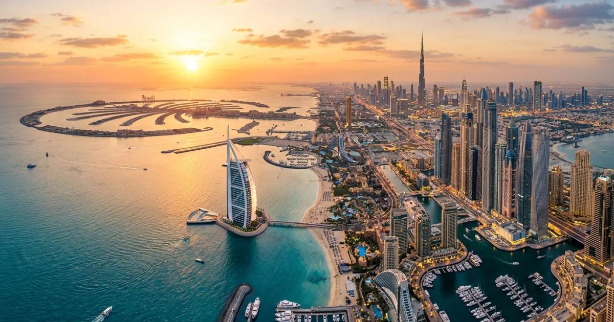 Modern skyscrapers and luxury residential towers line a sunlit coastline under a high-altitude view of the Dubai skyline.