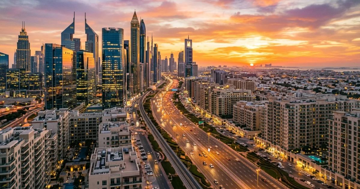 A high-angle view of modern skyscrapers and glass office towers overlooking a bustling urban district in Dubai.