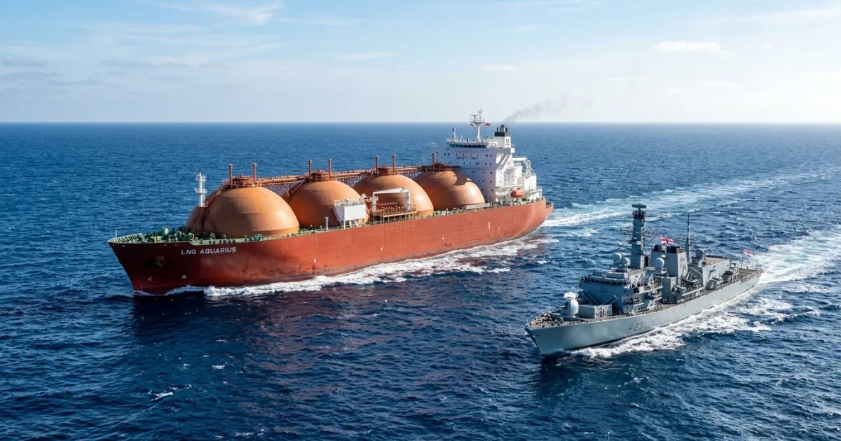 A large white and blue liquefied natural gas tanker sails across calm blue waters under a clear, bright sky.
